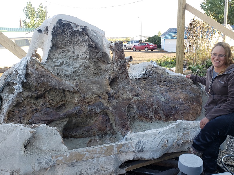 Katie next tot the Nate skull partially prepared on the left side.